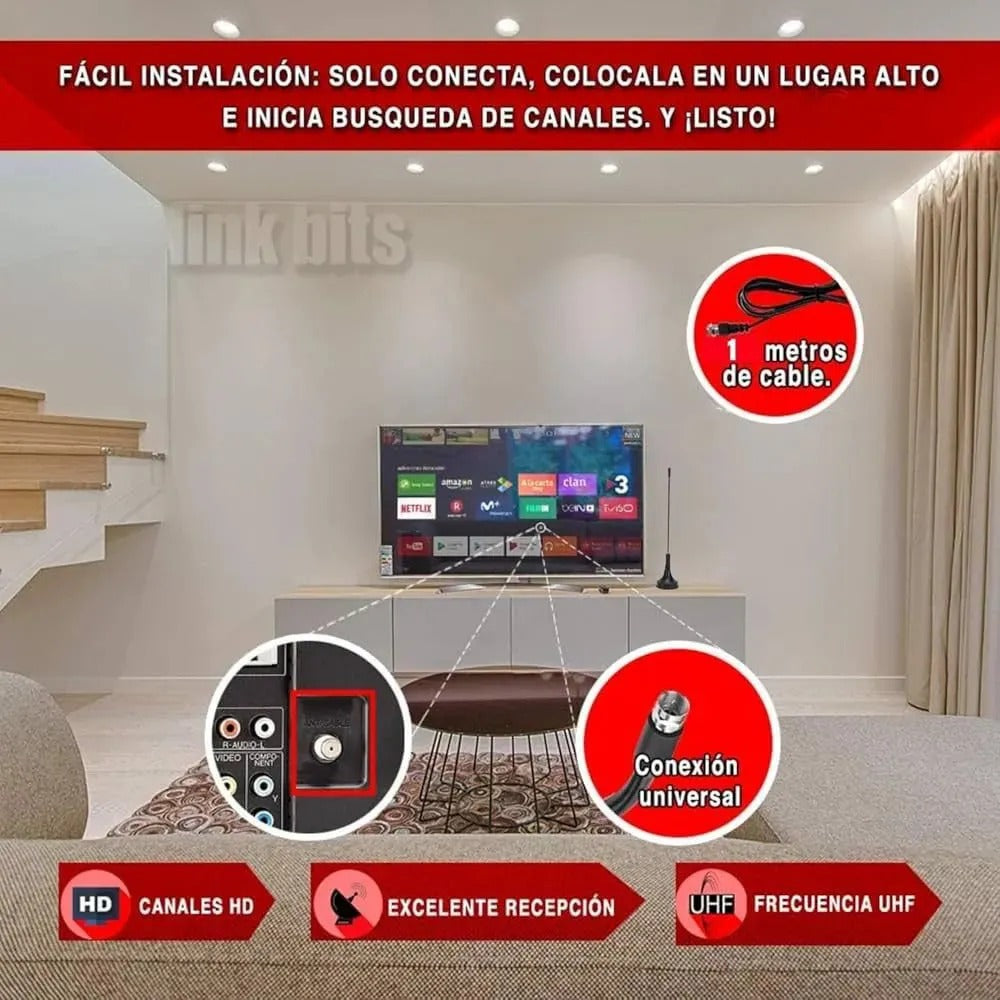 Antena Hd Tv Link Bits Inhd06 Para Señal Digital Interiores Negro