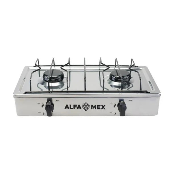 Estufa de Gas Lp De Acero Inox. 2 Quemadores Alfamex 308 Color Plateado